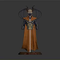 Horned Fantasy Character With Ornamental Headpiece Orange Cape Blue Gold Armor On Wooden Base