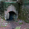 Ancient Stone Bridge Archway Covered in Moss Vegetation with Fallen Leaves Gravel and Graffiti Inside