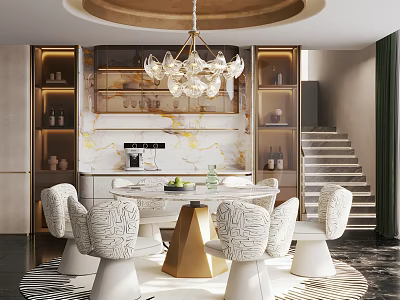Modern Luxury Restaurant Interior With Crystal Chandelier Marble Backdrop Round Dining Table And Patterned Chairs 3d model
