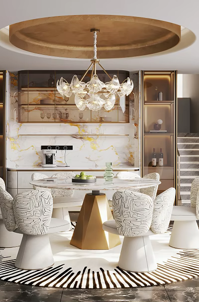Modern Luxury Restaurant Interior With Crystal Chandelier Marble Backdrop Round Dining Table And Patterned Chairs 3d model