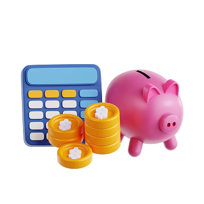 Colorful Decorative Ornament Set With Blue Calculator Pink Piggy Bank And Yellow Coins 3d model