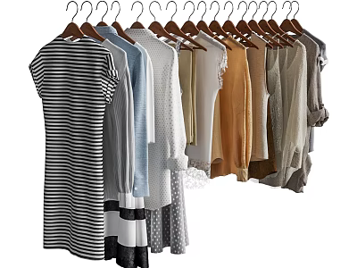 Various Fashionable Clothes Hanging On Hangers With Striped And Solid Color Styles 3d model
