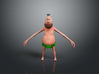 Animated Game Movie Character With Brown Beard Blue Top Green Leaf Shorts on Gray Background 3d model