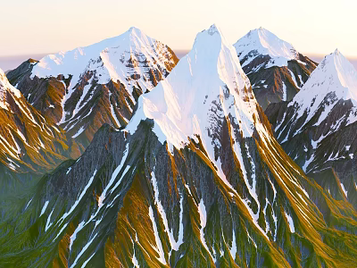 Sunlit Alpine Mountain Terrain With Snow Capped Peaks And Green Slopes 3d model