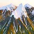 Sunlit Alpine Mountain Terrain With Snow Capped Peaks And Green Slopes
