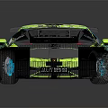 Vibrant Green And Blue Sports Car With Graphic Design Rear Spoiler And Sharp Front