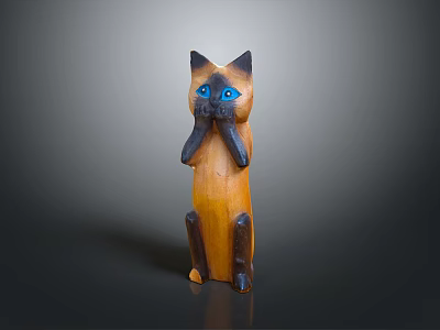 Wooden Cat Sculpture With Blue Eyes Covering Mouth With Paws In Brown Black 3d model