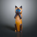 Wooden Cat Sculpture With Blue Eyes Covering Mouth With Paws In Brown Black