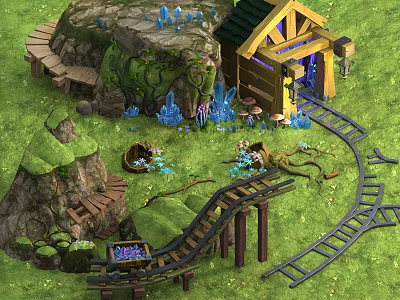 Cartoon Scene Featuring Rocky Hills Wooden Cabin Blue Crystals Mushrooms Green Grass And Railway Tracks 3d model