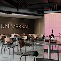 AMELIE Bar Interior With Pink Wall Stage Musical Instruments Tables Chairs And Chandelier