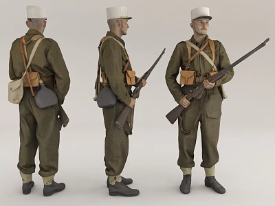 Man in Green Military Uniform Wearing White Cap Holding Rifle and Gear 3d model