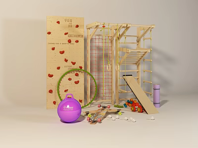 Fun Playground Equipment With Climbing Wall Frame Slide Purple Ball And Colorful Toys 3d model