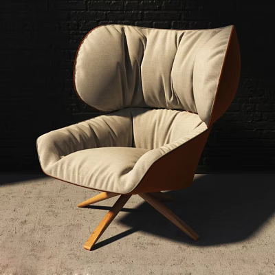 Modern Lounge Chair With Beige Tufted Backrest Seat And Brown Wooden Crossed Legs 3d model