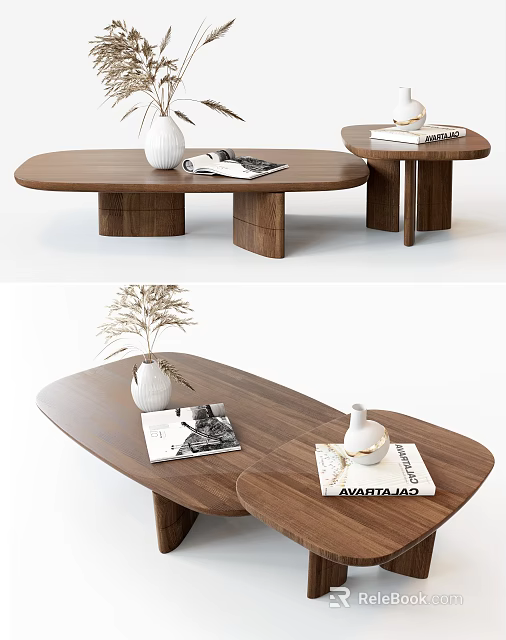 Modern Walnut Oval Coffee Table with White Vase Magazines and Decorative Plant 3d model 