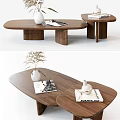 Modern Walnut Oval Coffee Table with White Vase Magazines and Decorative Plant