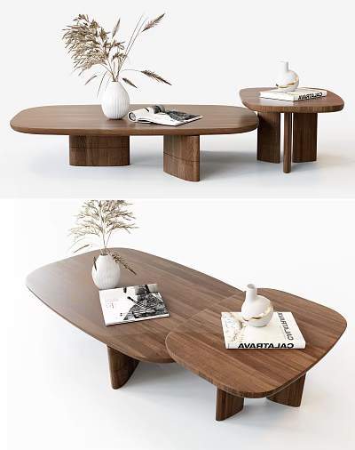 Modern Walnut Oval Coffee Table with White Vase Magazines and Decorative Plant 3d model