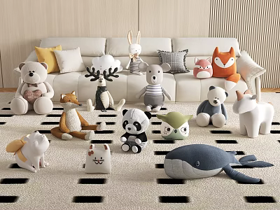 Plush Animal Toys Arranged In Cozy Living Room 3d model