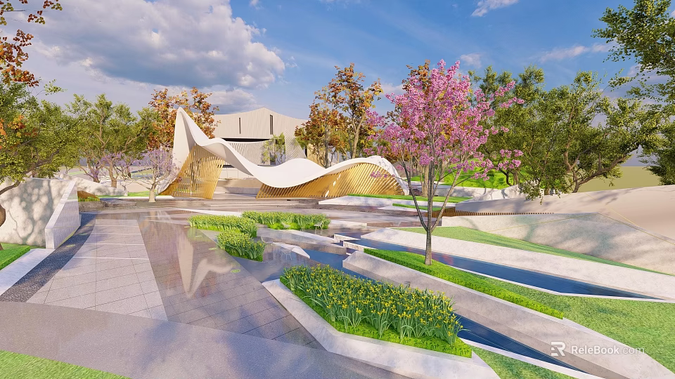 Modern Garden Landscape With Curved White Structure Pink Cherry Blossoms Green Lawn And Water Features 3d model 