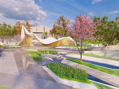 Modern Garden Landscape With Curved White Structure Pink Cherry Blossoms Green Lawn And Water Features 3d model