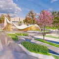 Modern Garden Landscape With Curved White Structure Pink Cherry Blossoms Green Lawn And Water Features