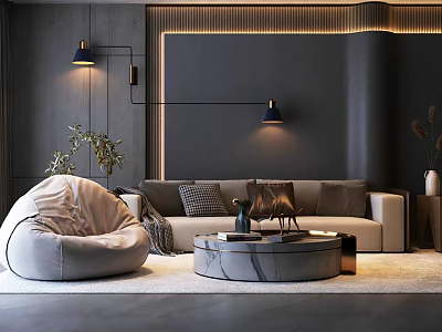 Modern Living Room Sofa Coffee Table Set With Marble Top Bean Bag Chair And Plants 3d model