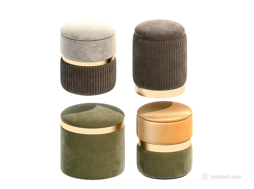 Modern Round Velvet Stools With Gold Metal Base In Gray Brown Green Colors 3d model 