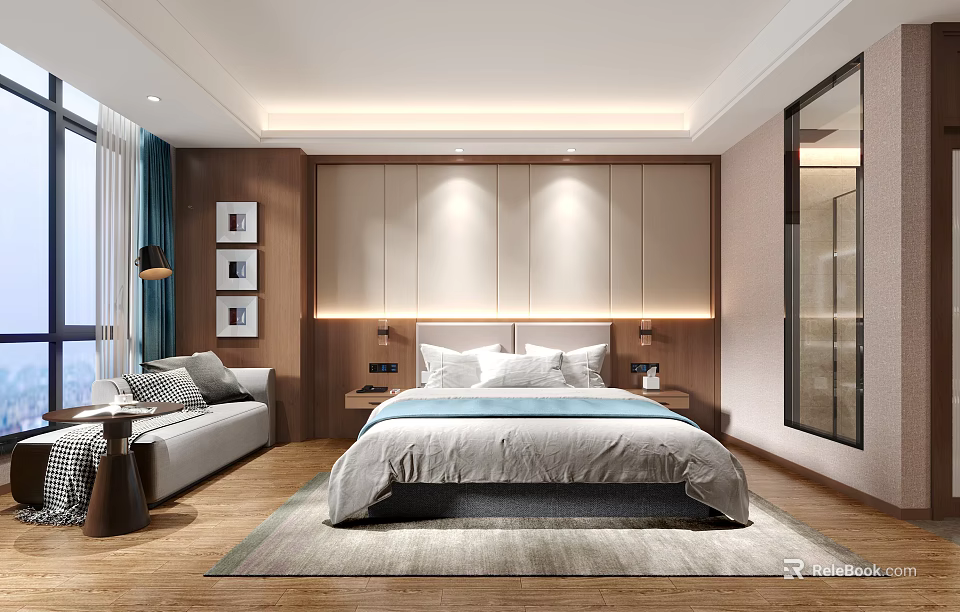 Modern Hotel Guest Room With King Size Bed Nightstands Sofa Large Window And Wooden Flooring 3d model 