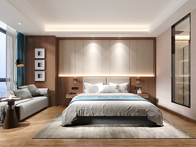 Modern Hotel Guest Room With King Size Bed Nightstands Sofa Large Window And Wooden Flooring 3d model