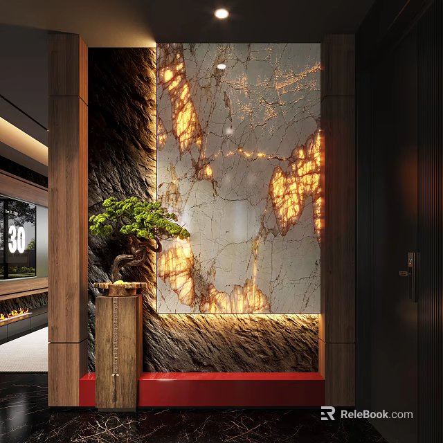 Modern Foyer Hallway With Illuminated Marble Wall And Bonsai Tree 3d model 