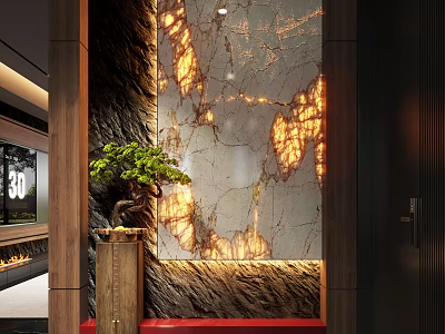 Modern Foyer Hallway With Illuminated Marble Wall And Bonsai Tree 3d model