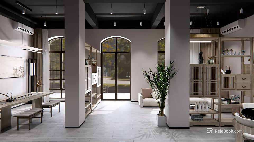 Modern Tea Room Interior With Arched Windows White Pillars Light Furniture and Green Plants 3d model 