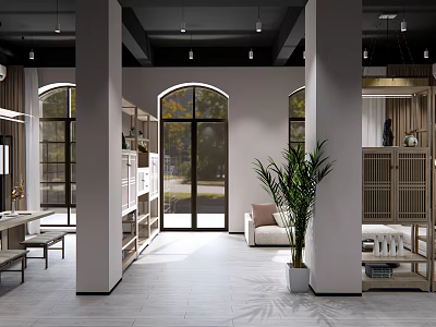 Modern Tea Room Interior With Arched Windows White Pillars Light Furniture and Green Plants 3d model