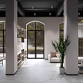 Modern Tea Room Interior With Arched Windows White Pillars Light Furniture and Green Plants