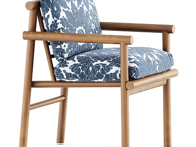 Modern Armchair With Wooden Frame And Blue White Floral Upholstered Seat 3d model