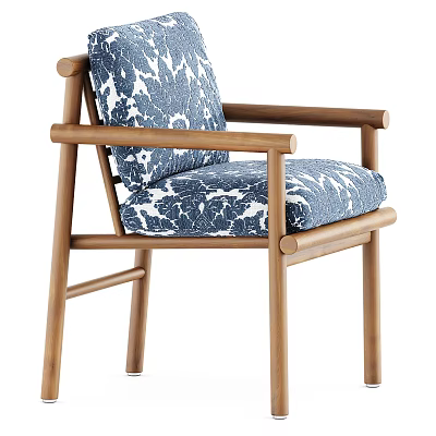 Modern Armchair With Wooden Frame And Blue White Floral Upholstered Seat 3d model