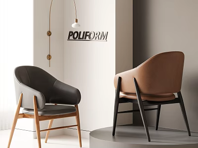 Poliform Gray And Brown Leather Dining Chairs With Wooden And Black Legs In Modern Interior 3d model