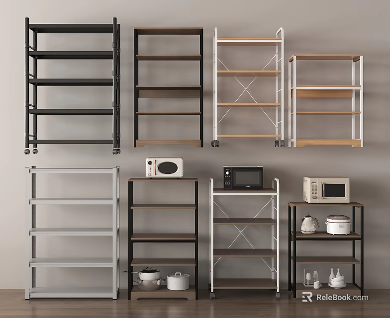 Various Design Storage Shelves In Black Brown White With Microwave Pots And Bowls 3d model 