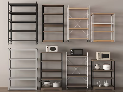 Various Design Storage Shelves In Black Brown White With Microwave Pots And Bowls 3d model