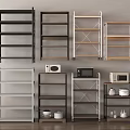 Various Design Storage Shelves In Black Brown White With Microwave Pots And Bowls