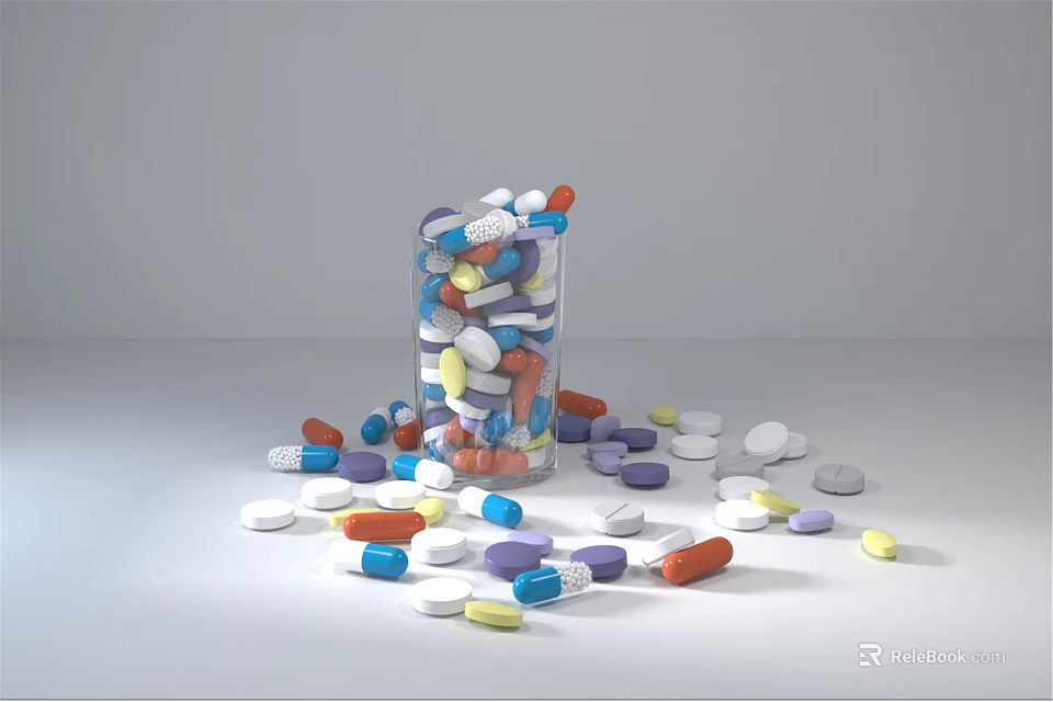 Medical Devices With Glass Container Holding Assorted Colorful Pills And Scattered Capsules 3d model 