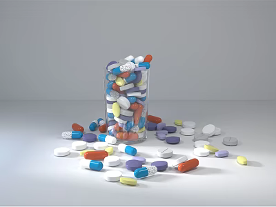 Medical Devices With Glass Container Holding Assorted Colorful Pills And Scattered Capsules 3d model