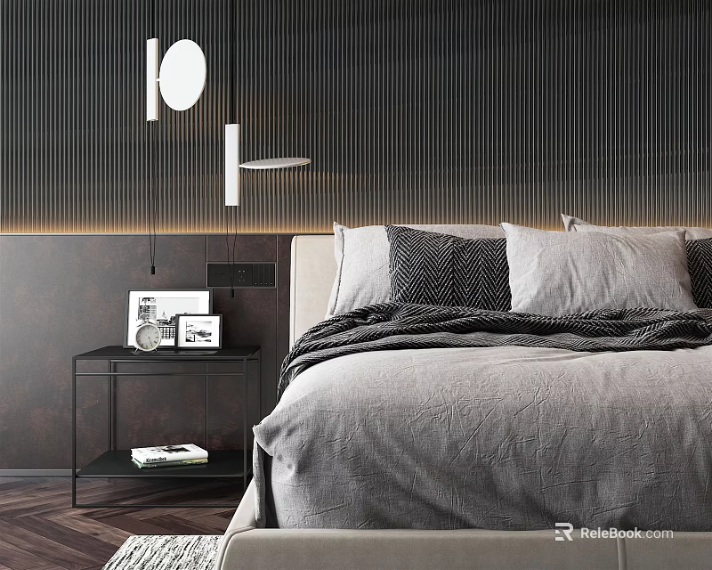 Background Double Bed With Gray Bedding Dark Accent Wall Vertical Stripes And Nightstand 3d model 