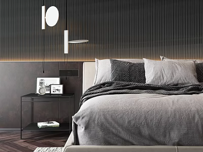 Background Double Bed With Gray Bedding Dark Accent Wall Vertical Stripes And Nightstand 3d model