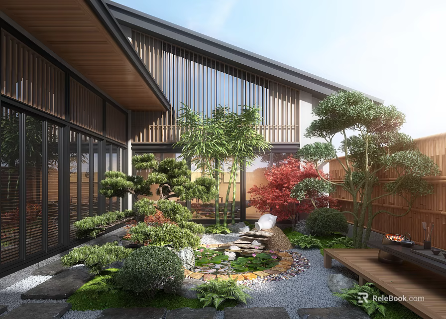 Japanese Style Courtyard Garden With Wooden Architecture Lush Green Plants And Stone Path 3d model 