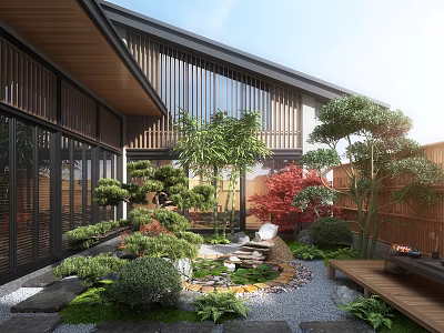 Japanese Style Courtyard Garden With Wooden Architecture Lush Green Plants And Stone Path 3d model
