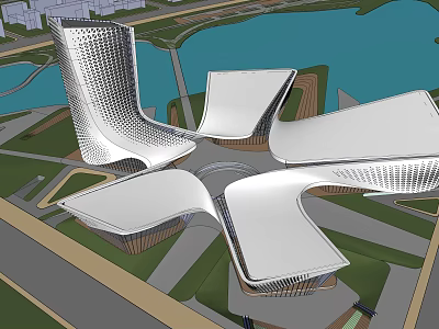 Modern Waterfront Architecture Featuring Unique Petal Shape Design And Surrounding Roads Green Spaces 3d model