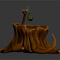 Decorative Tree Stump Ornament With Growth Rings And Green Bottle