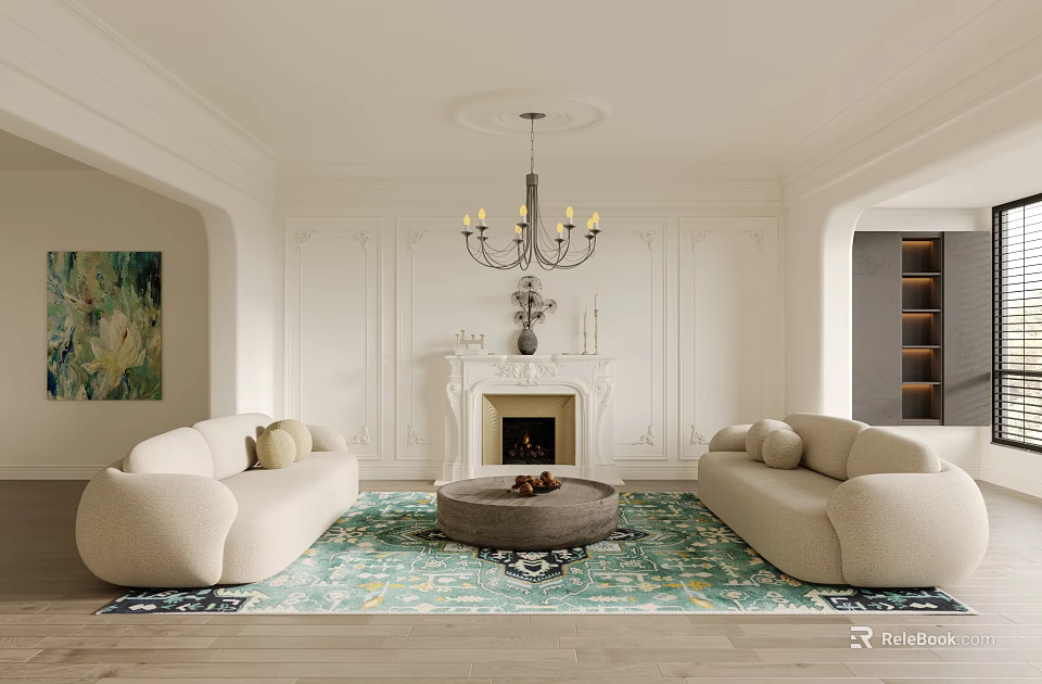 Modern Minimalist Living Room Interior With White Sofas Fireplace Chandelier And Area Rug 3d model 