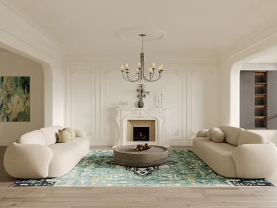 Modern Minimalist Living Room Interior With White Sofas Fireplace Chandelier And Area Rug 3d model