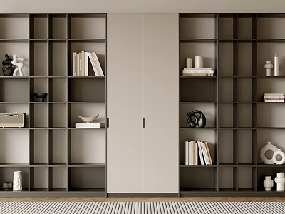 Modern Bookcase Interior Design With Multi Compartments Cabinet Doors Books And Decorative Items 3d model